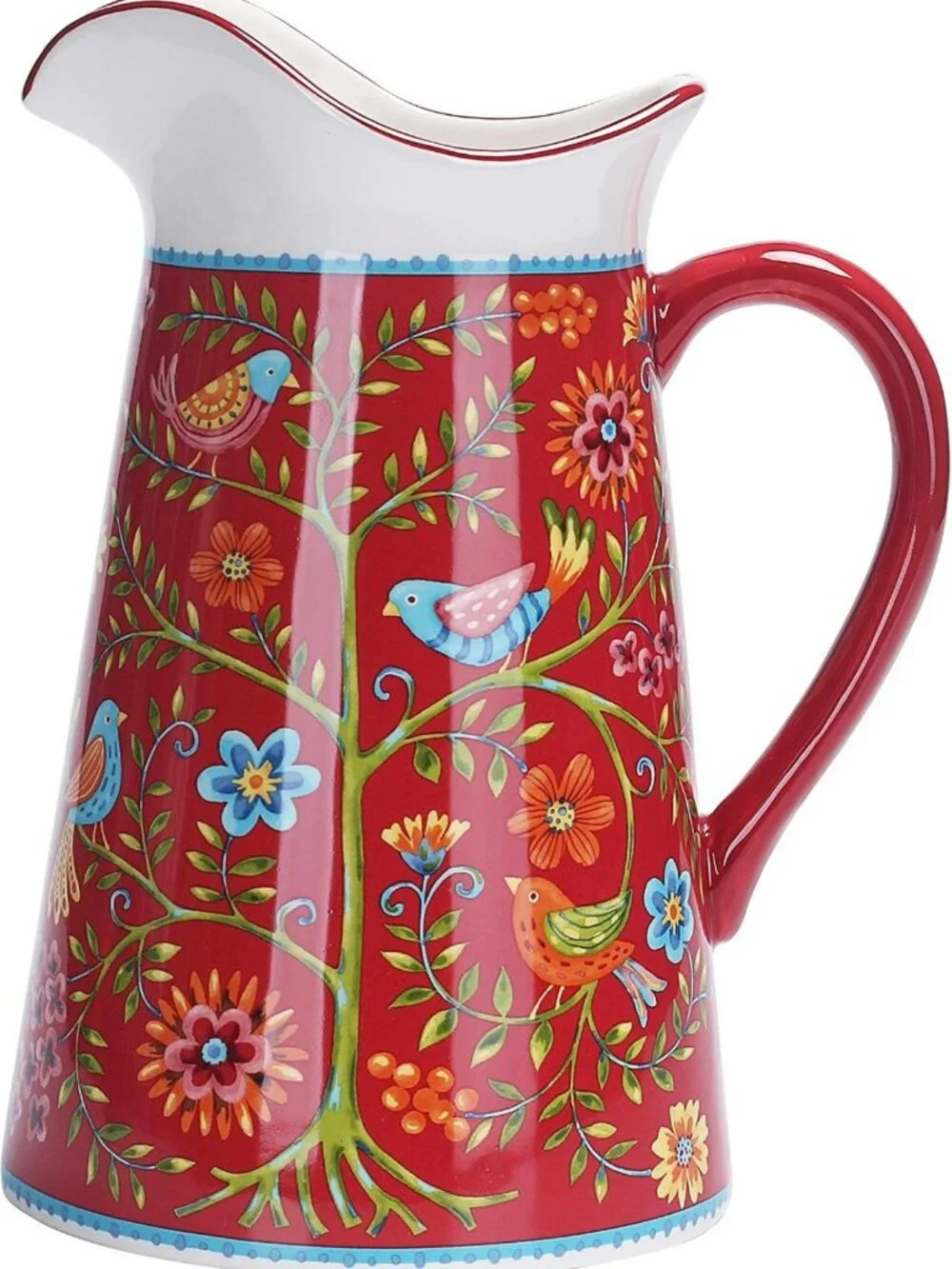 Red Ceramic Pitcher 2.5 Quarts with Handle - Decorative Vase for Flowers